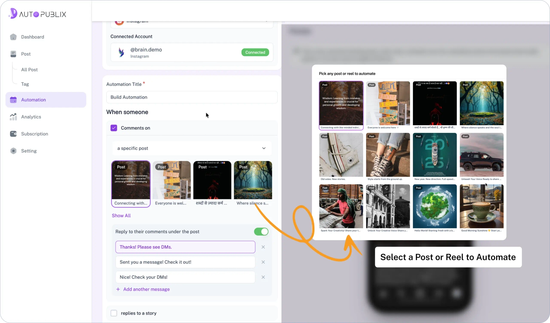 AutoPubliX Analytics style preview for selecting posts or reels. AutoPubliX Analytics style preview for selecting posts or reels.