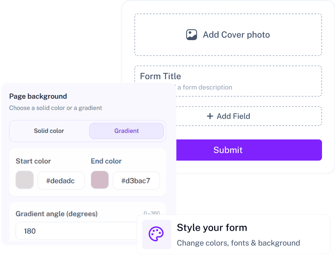 Customize Every Form Design Form customization panel with colors, gradients, fonts, and background styling options.